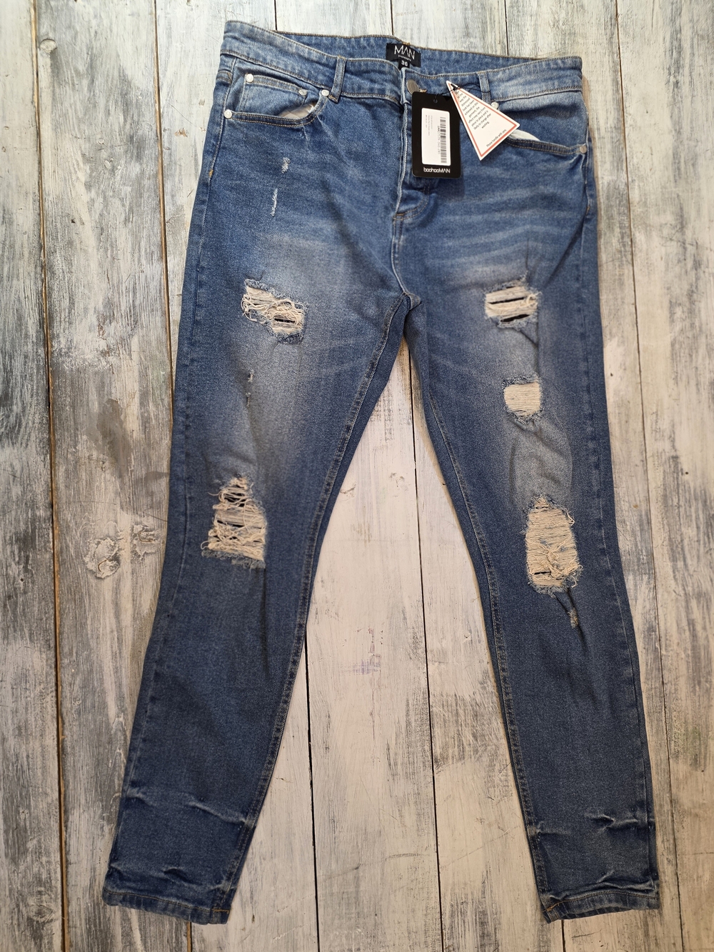 BoohooMAN Men's Distressed Skinny Jeans - Blue sz 36 NWT